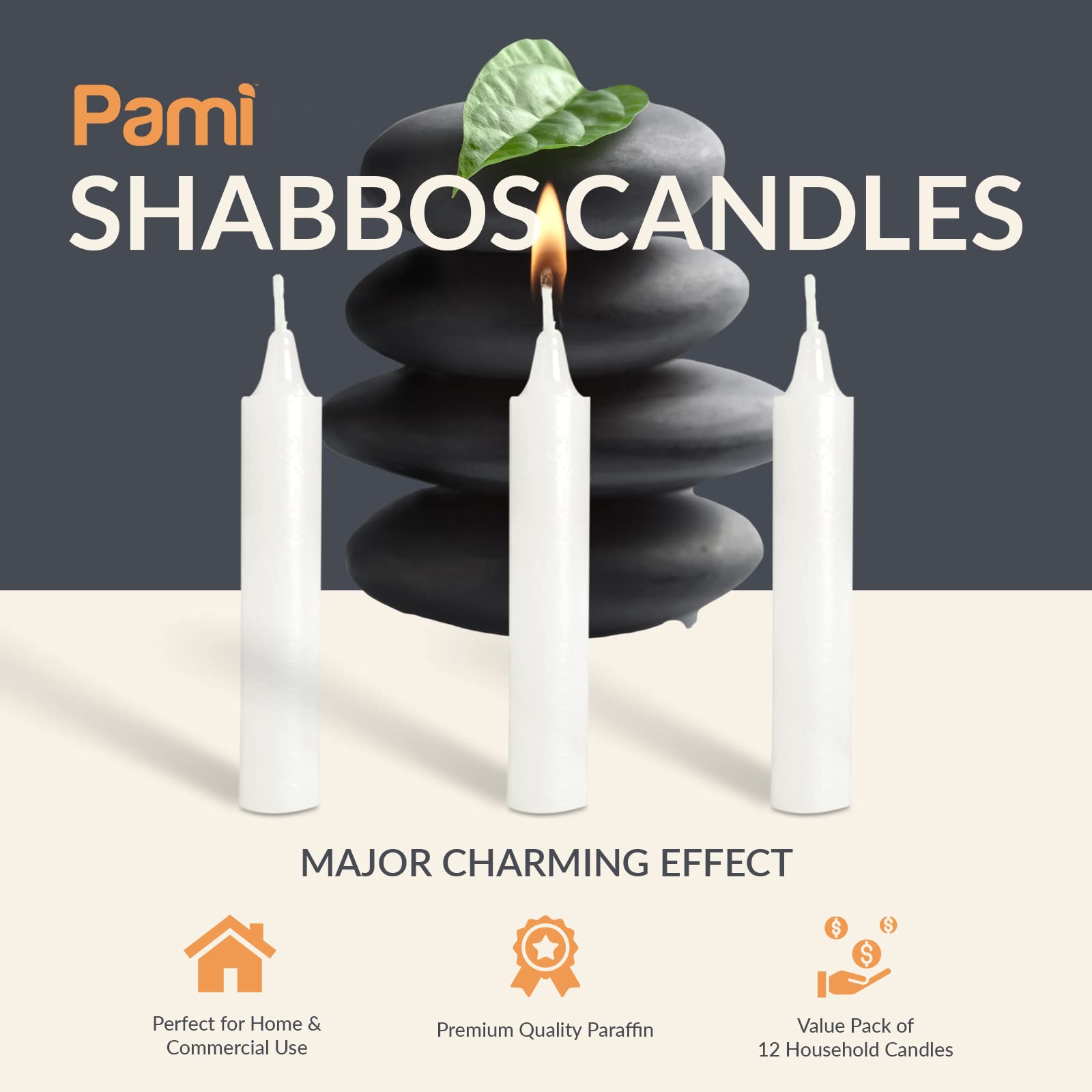 Pami Traditional Shabbat Candle Sticks [12-Pack] - Unscented Taper Candles With 3 Hours Burning Time- Paraffin Shabbos Candles W