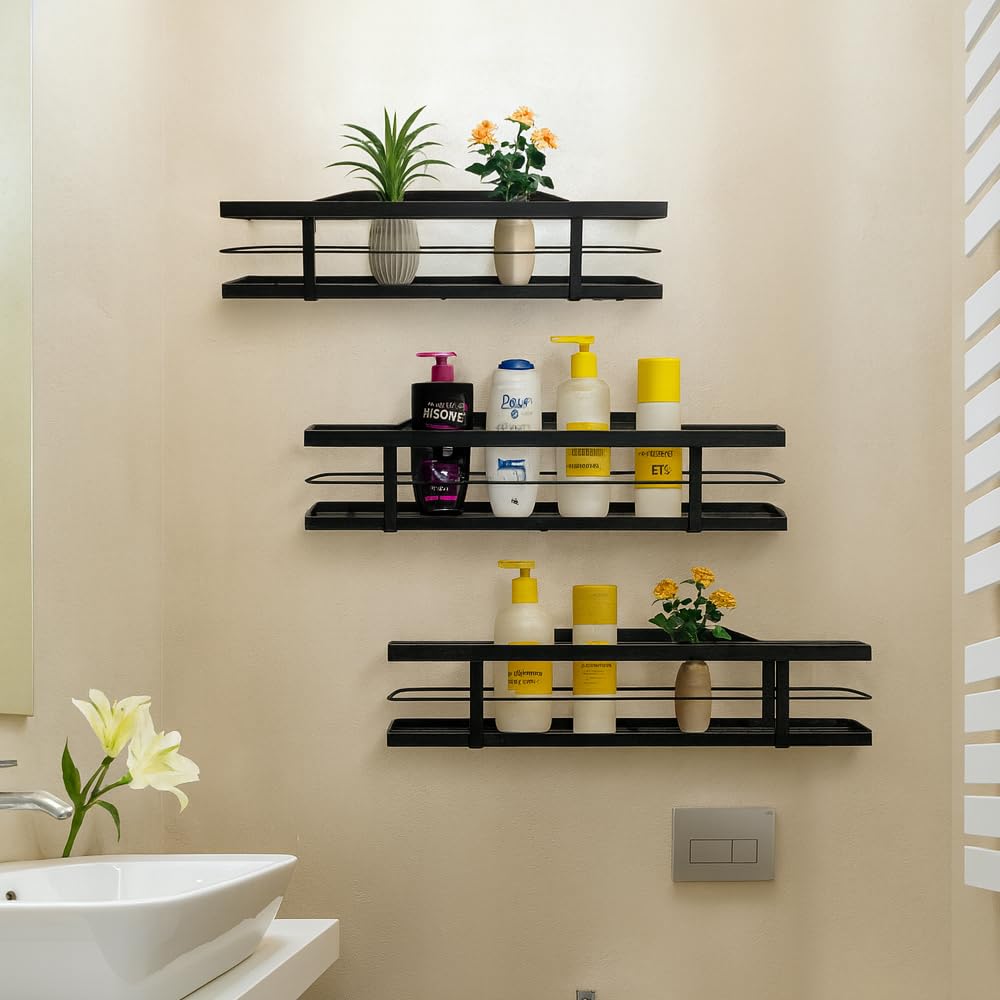Tarkan Wall Mounted Metal Floating Shelves, Set Of 3, Bathroom Storage Organiser And Kitchen Spice Rack (Black)