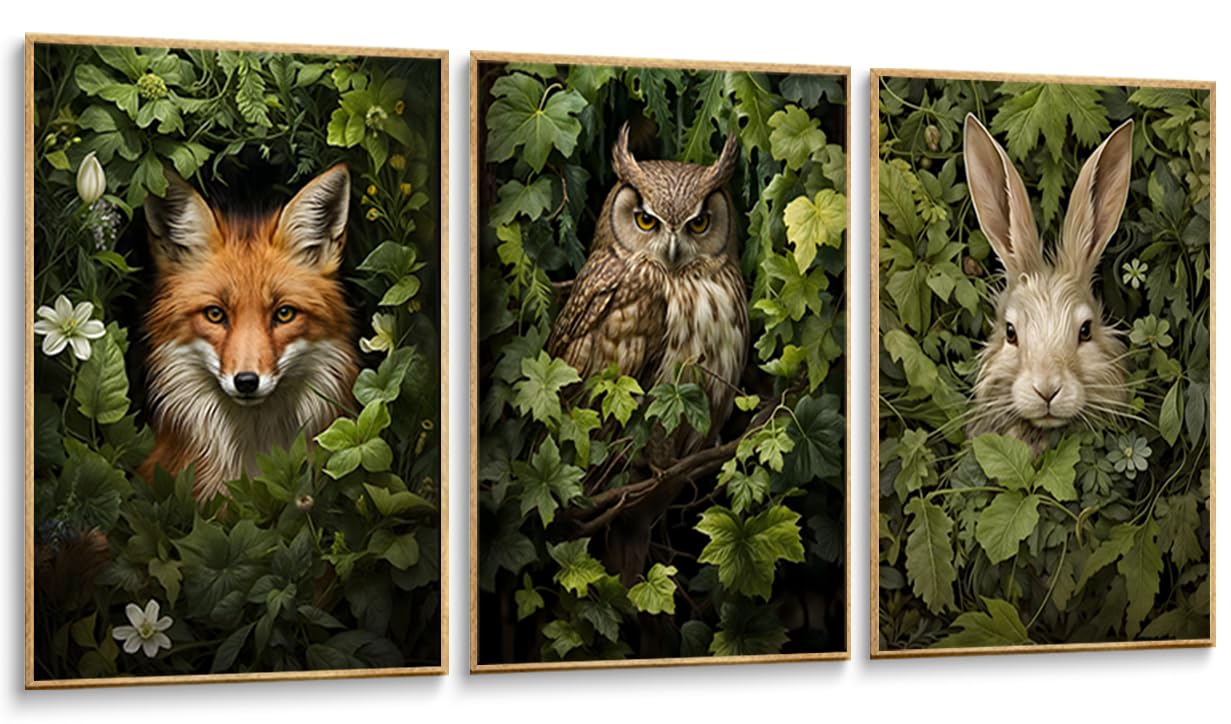 3pcs Magical Forest Animal Canvas Wall Art Retro Wild Cottagecore Animals Posters Prints green Adventure Theme Pictures Painting