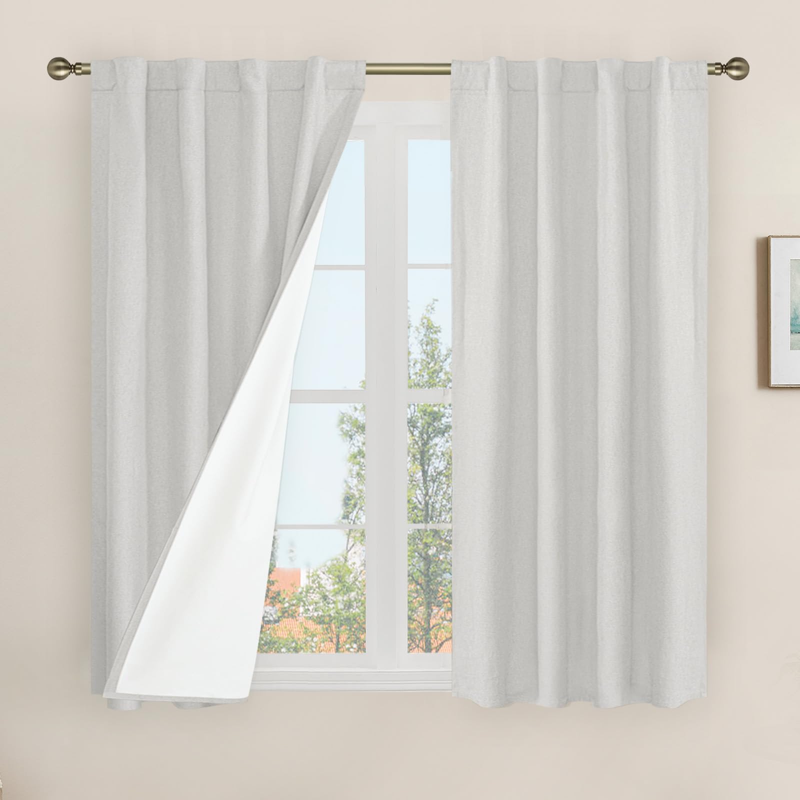LAMIT Natural 100% Blackout Linen Curtains, 54 Inches Linen Textured Thermal Bedroom Curtains Back Tab and Rod Pocket Neutral Pa