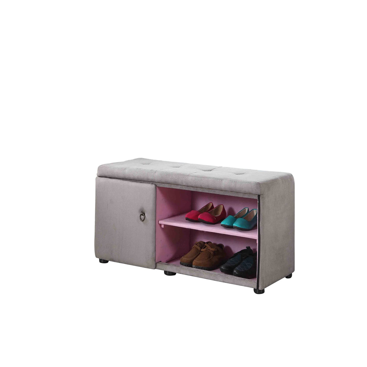 HomeRoots Wood, Polyurethane Foam: 97%, Polyester Fabric: 3% Light Gray and Pink Tufted Shoe Storage Bench