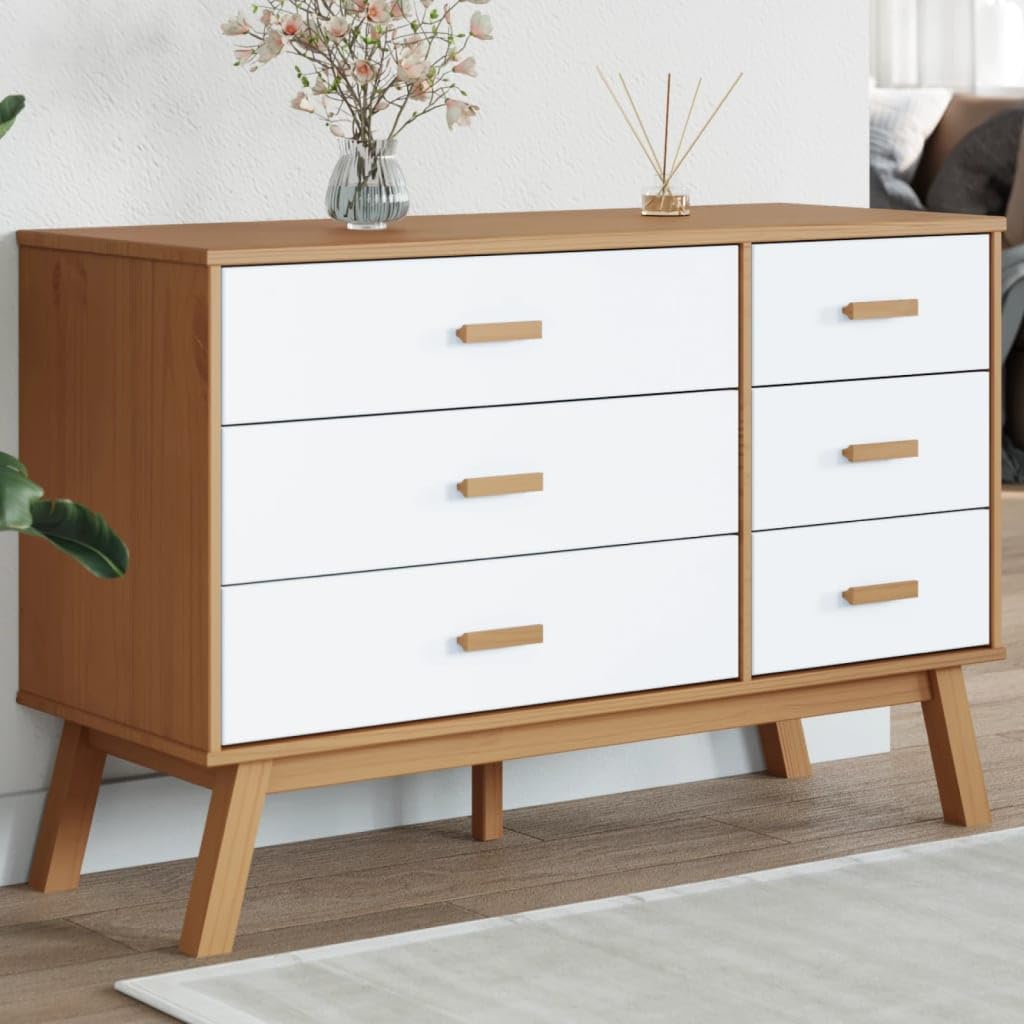 vidaXL Drawer Cabinet Storage Sideboard - White/Brown Solid Pine Wood, 6-Drawer Organizer for Hallway, Bedroom, Living Room, and Office - 43.7&quot;x16.5&quot;x28.9&quot;