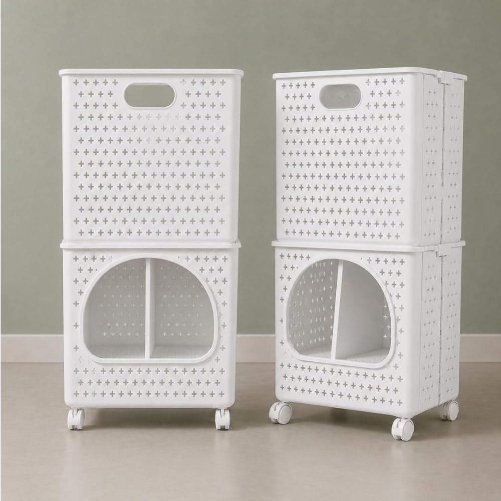 Ginoya Brothers 2Tier Foldable Laundry Basket With Wheels, Stackable Slim Storage Organizer With Divider & Lockable Casters, Ro