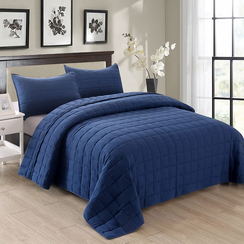 Emme Quilts Twin Size Bedding Sets Navy Blue Bedspread Soft Pre-Washed Quilt Winter Bed Sets, 2 Piece, Cozy Reversible Microfibe
