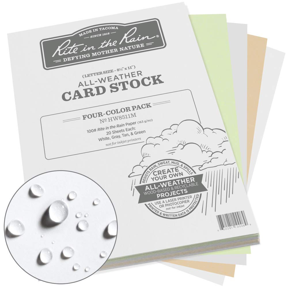 Rite In The Rain All Weather Card Stock, 8.5' X 11', 100#, 20 Sheets Of White, Green, Tan, And Gray, 80 Sheet Pack (No. Hw8511