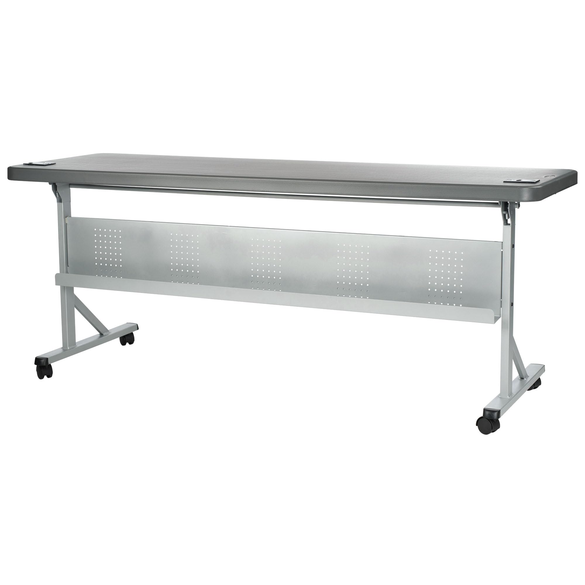 National Public Seating 24&quot; x 72&quot; Flip-N-Store Portable Lightweight Rolling Conference Training Table with 2 Grommet Holes - Charcoal Slate