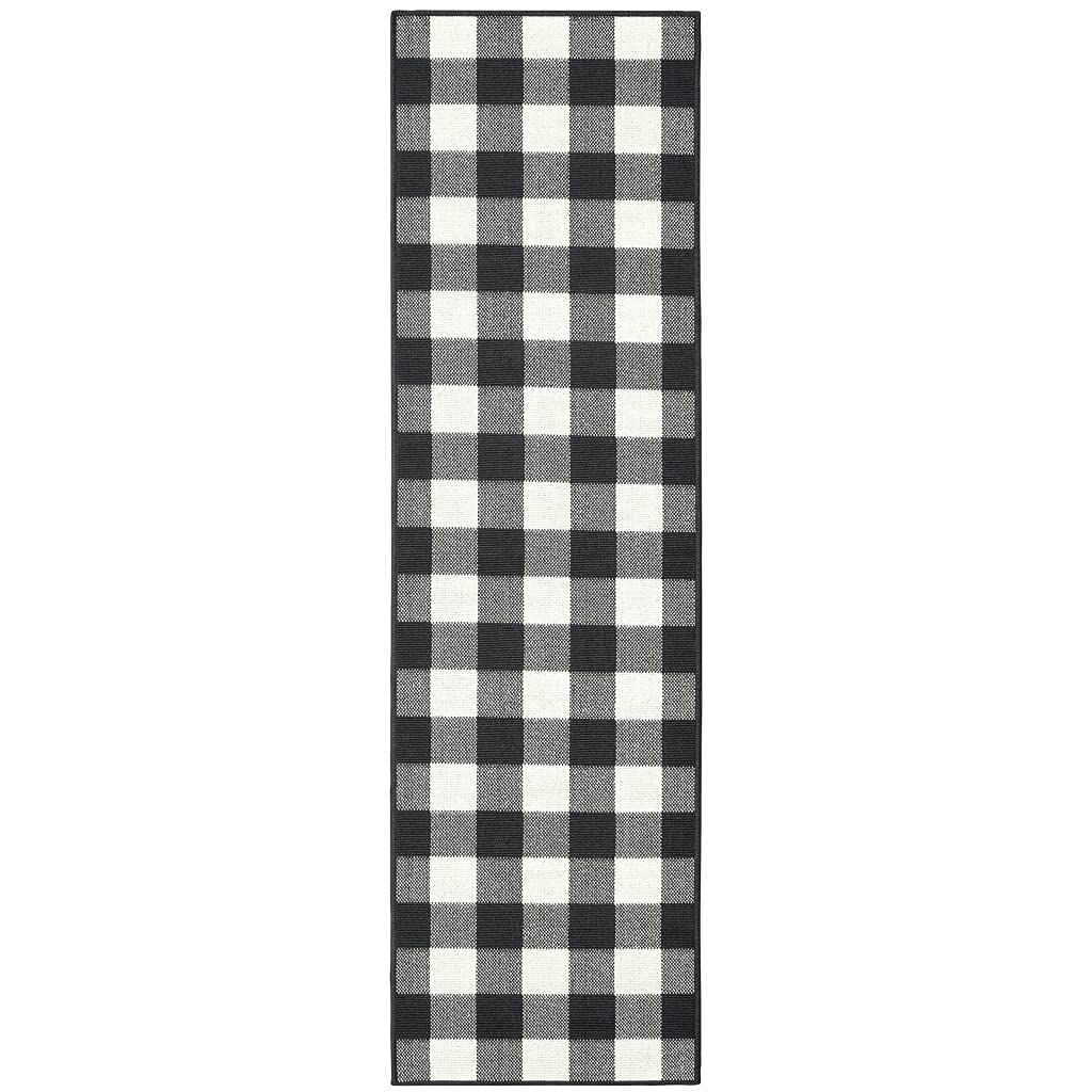 HomeRoots Polypropylene 2’x8’ Black and Ivory Gingham Indoor Outdoor Runner Rug