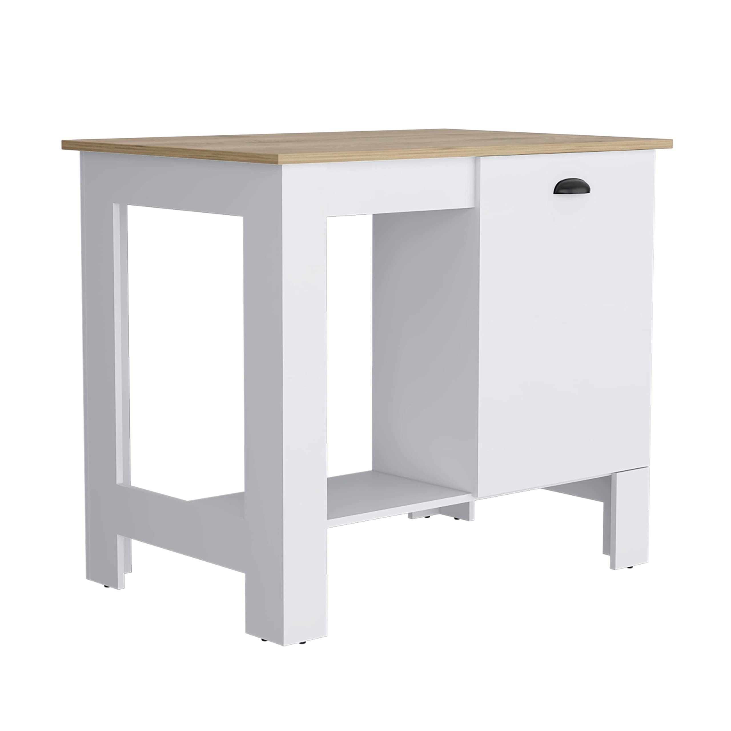DEPOT E-SHOP Kitchen Island 35" H, 1 Storage Cabinet with Door, 2 Internal Shelves, 1 Open Storage Shelf, White/Macadamia