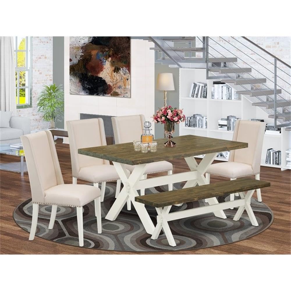 East West Furniture X076Ba201-6 6 Piece Modern Dining Table Set Contains A Rectangle Wooden Table With X-Legs And 4 Cream Linen Fabric Parson Chairs With A Bench, 36X60 Inch, Multi-Color