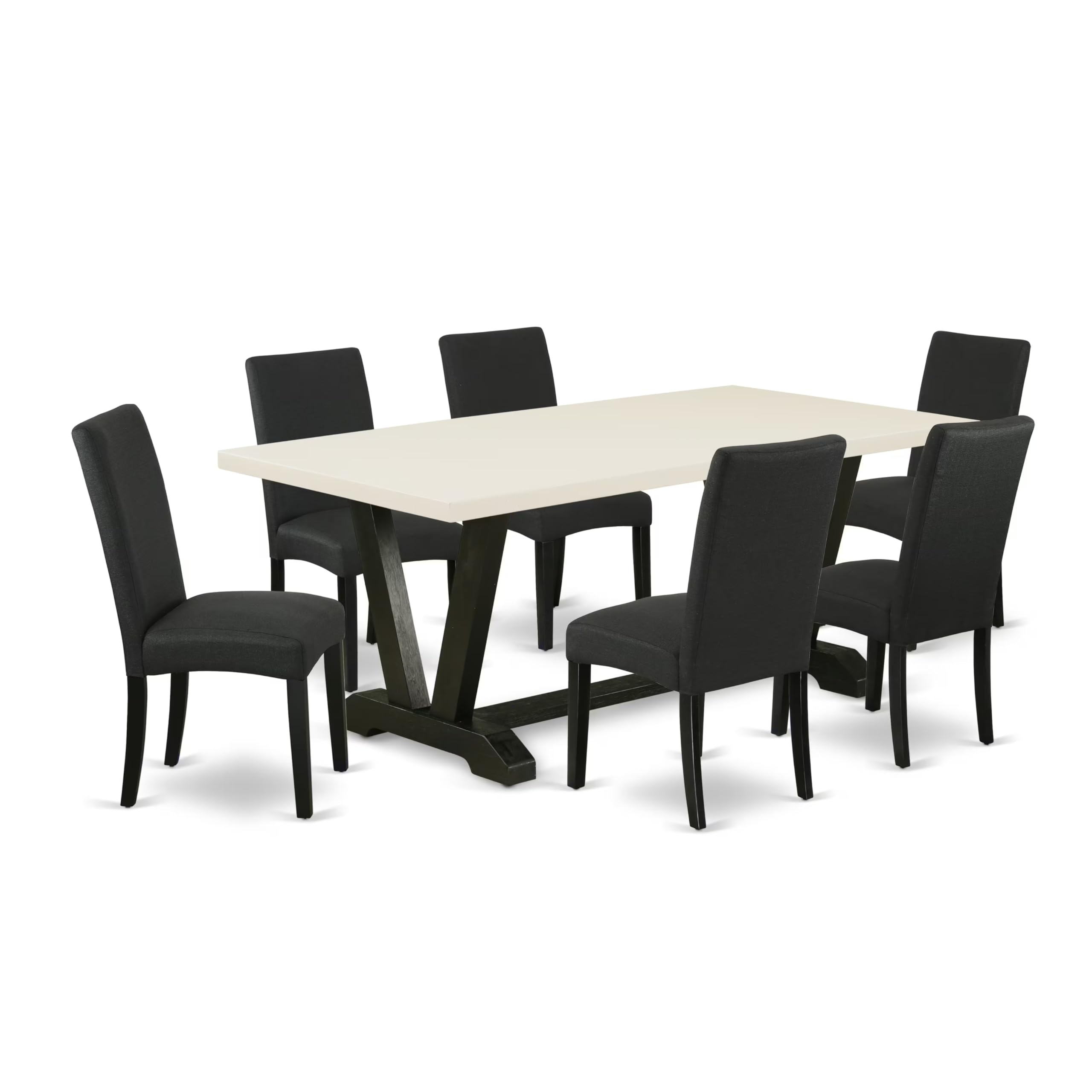 East West Furniture V627Dr124-7 7 Piece Modern Dining Table Set Consist Of A Rectangle Wooden Table With V-Legs And 6 Black Color Linen Fabric Parsons Dining Chairs, 40X72 Inch, Multi-Color