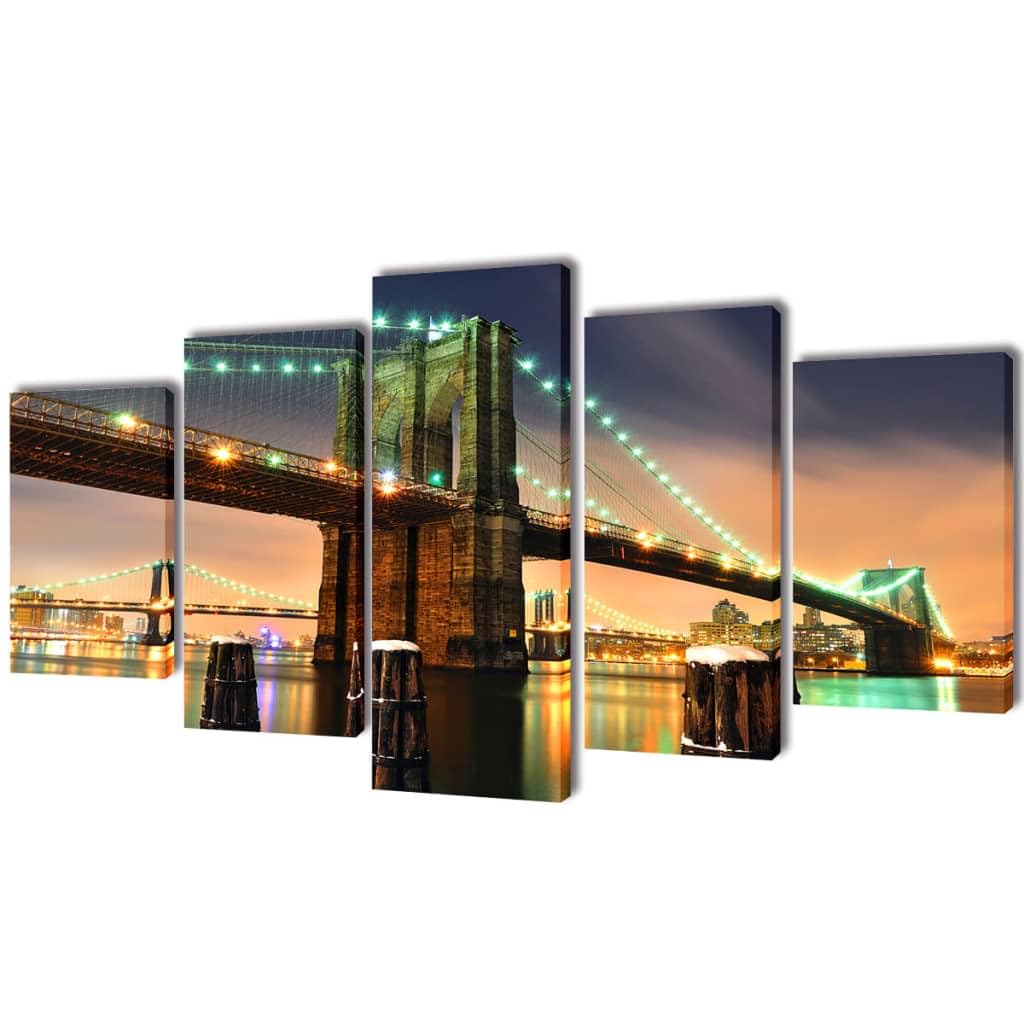 vidalXL 5-Panel Waterproof Canvas Wall Print Set - Brooklyn Bridge Design - Durable Wood Frame - Contemporary Wall Decor for Living Room, Bedroom, Dining Room - Ready to Mount - 79&quot;x39&quot;