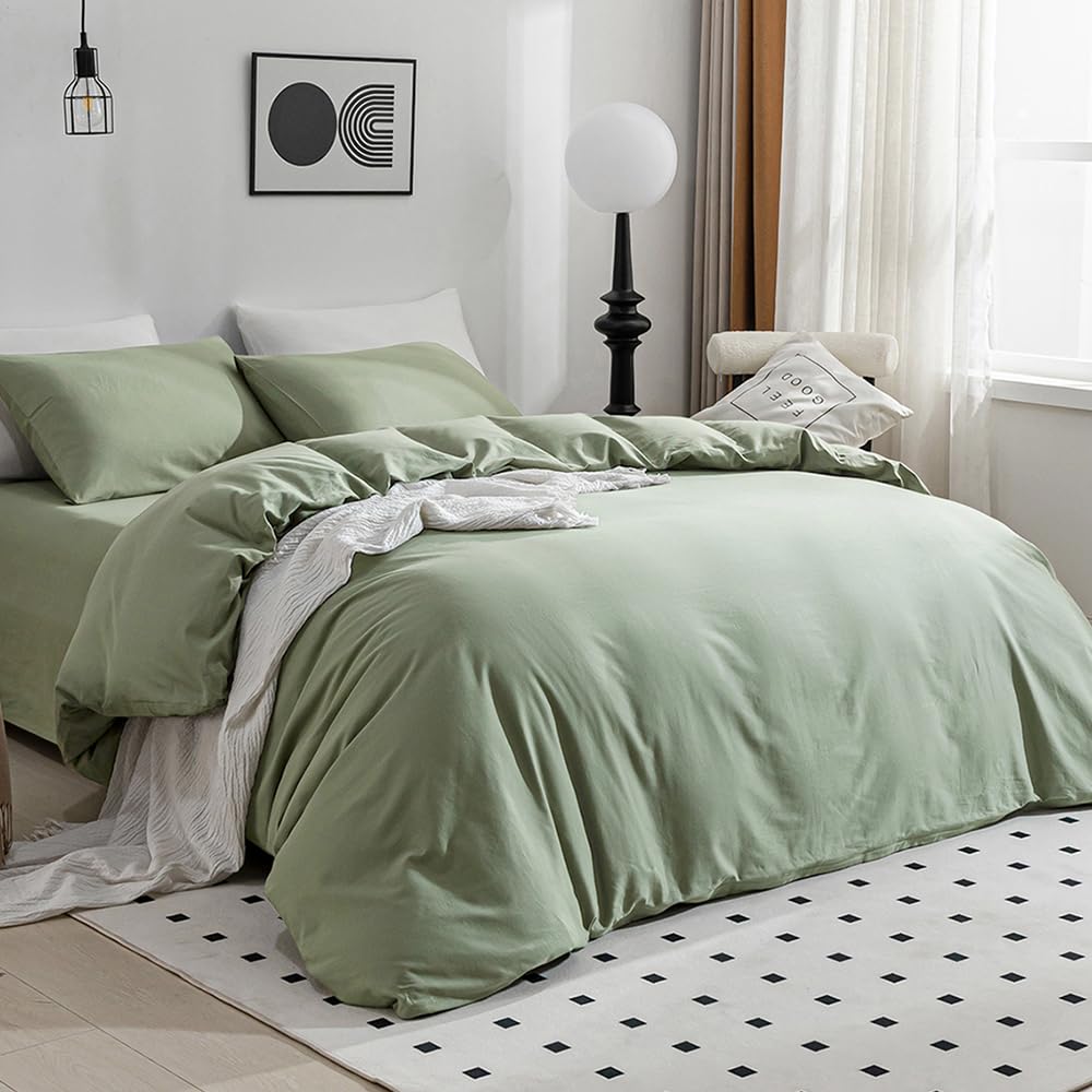 Jellymoni Light Green Duvet Cover Full Size - 100% Washed Cotton Linen Like Textured Comforter Cover, 3 Pieces Breathable Soft B