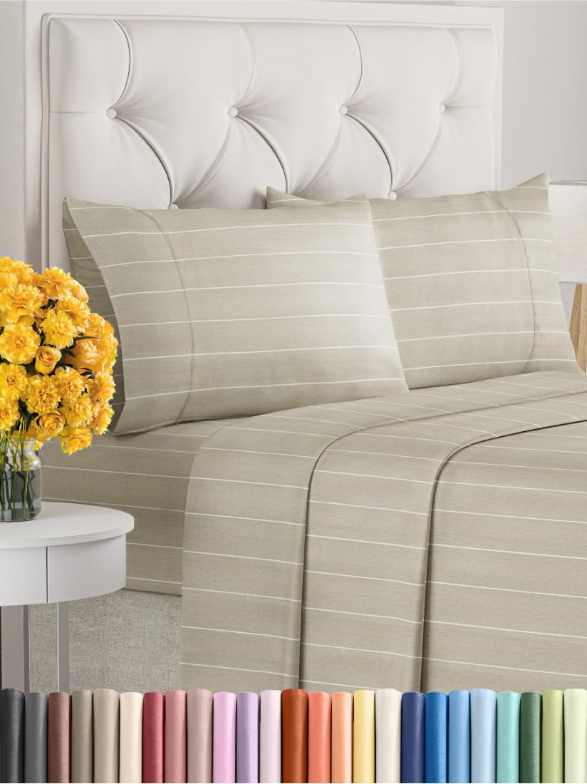 Cal King Size 4 Piece Sheet Set - Extra Soft, Breathable & Cooling Sheets - Hotel Luxury Bed Sheets For Women & Men - Deep Pockets, Easy-Fit & Wrinkle-Free Sheets - Beige Stripes Oeko-Tex Bed Sheets