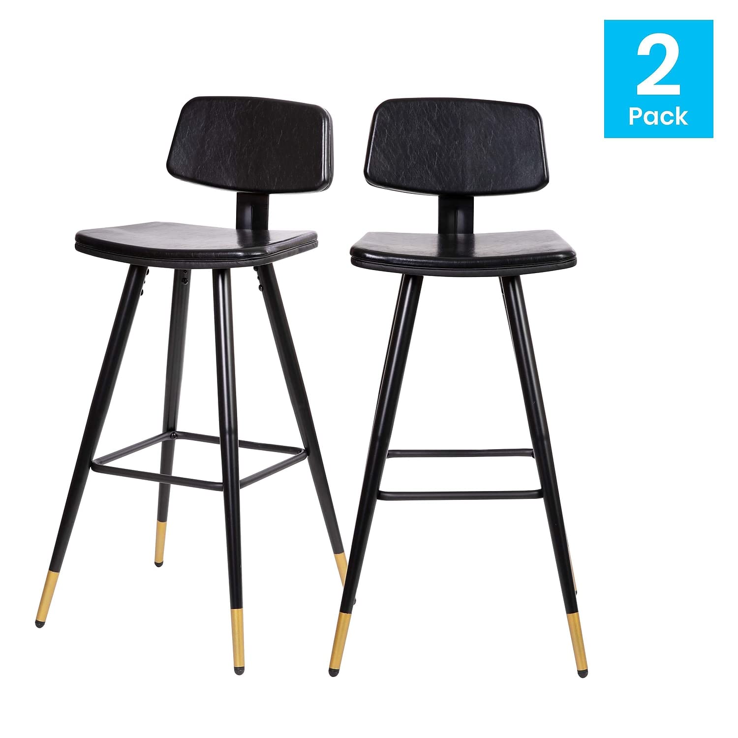 Flash Furniture Kora Commercial Grade Low Back Barstools-Black LeatherSoft Upholstery-Black Iron Frame-Integrated Footrest-Gold Tipped Legs-Set of 2