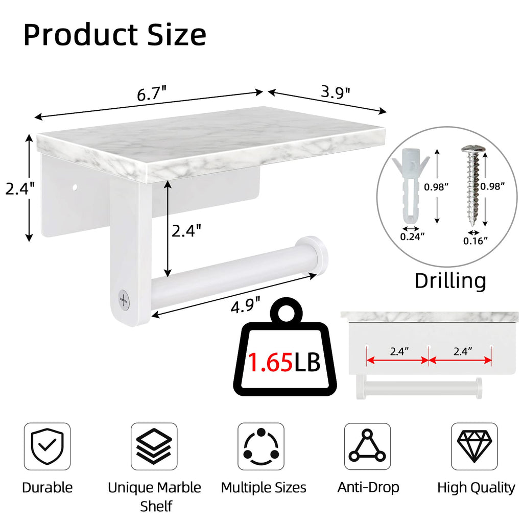 Gypie Toilet Paper Holder With Natural Marble Shelf, 304 Stainless Steel Screw Wall Mounted, Tissue Roll Paper Holder Dispenser