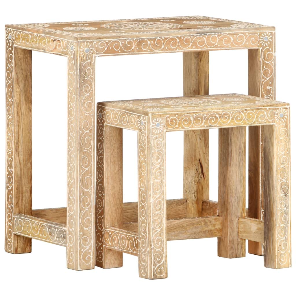 vidaXL Solid Mango Wood 2 Piece Side Table Set, Hand-Painted Round Side Tables, Rustic Style Wooden Side/End Tables for Living Room