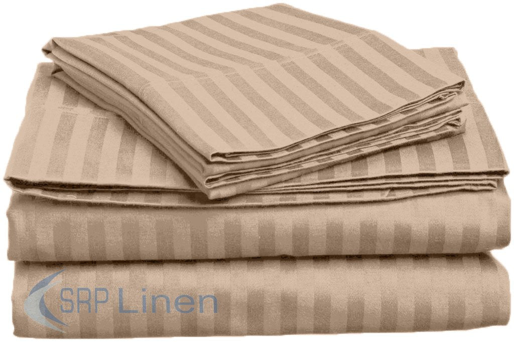 600 Thread Count Deep Pocket Mattress 11 Inches Rv Camper Short Queen Size 100% Egyptian Cotton Hot Taupe Striped 4-Piece Soft S