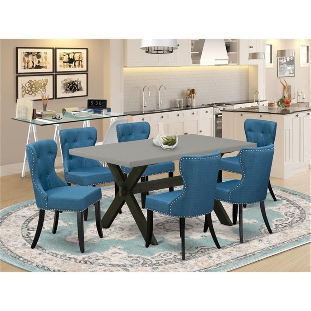 East West Furniture X696Si121-7 7 Piece Dinette Set Consist Of A Rectangle Dining Room Table With X-Legs And 6 Blue Linen Fabric Upholstered Parson Chairs, 36X60 Inch, Multi-Color