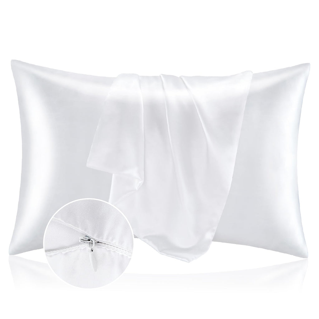 Bedelite Satin Pillowcase With Zipper 2 Pack, White Pillow Cases Standard Size, Super Soft And Cooling Similar To Silk Pillow Ca