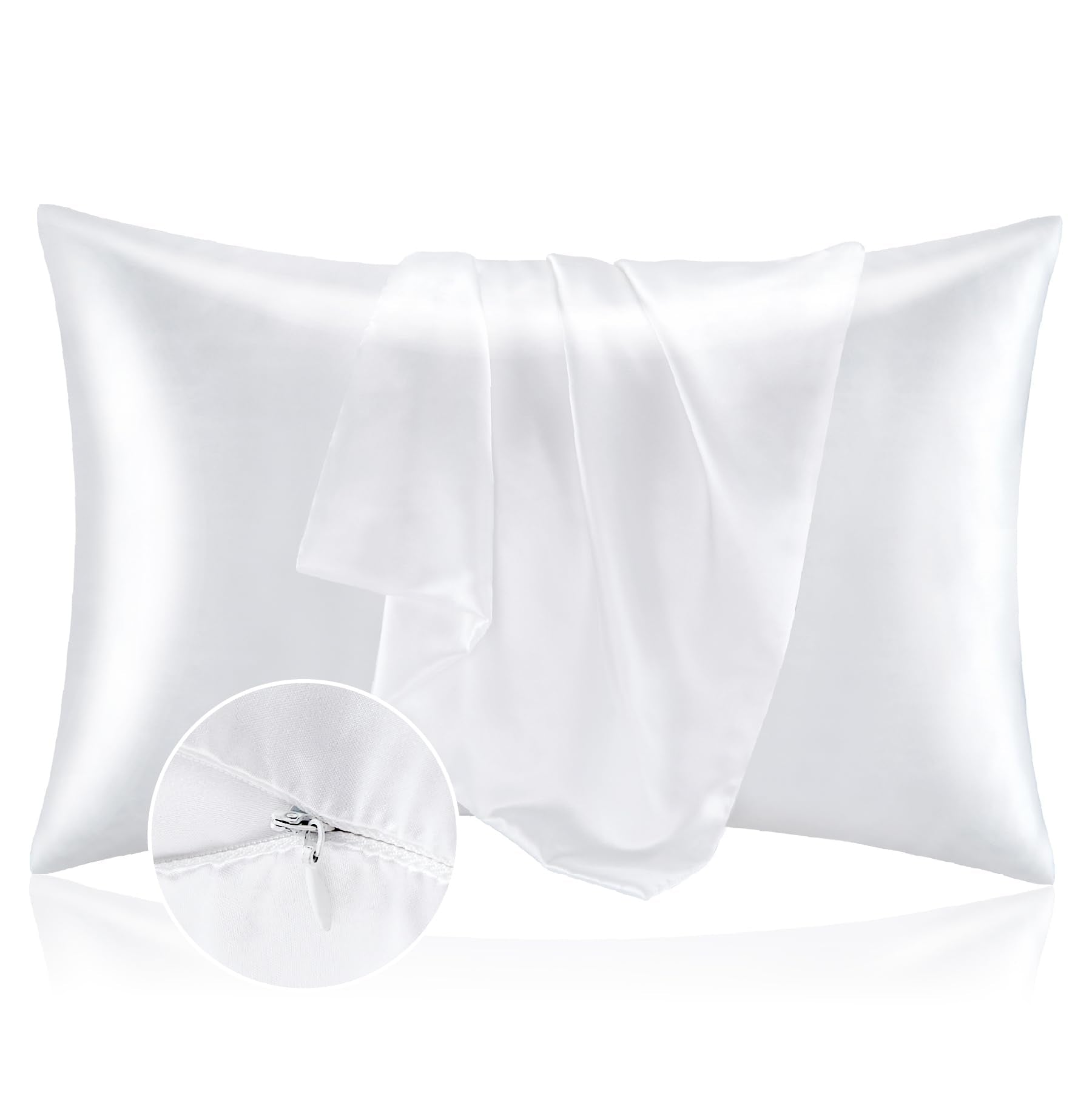 Bedelite Satin Pillowcase With Zipper 2 Pack, White Pillow Cases Standard Size, Super Soft And Cooling Similar To Silk Pillow Ca