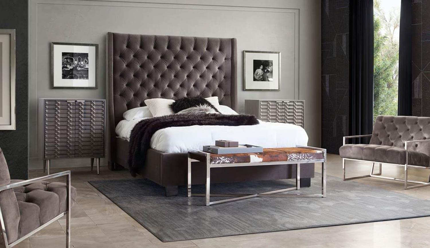 Park Avenue Eastern King Tufted Bed with Vintage Wing in Smoke Grey Velvet by Diamond Sofa