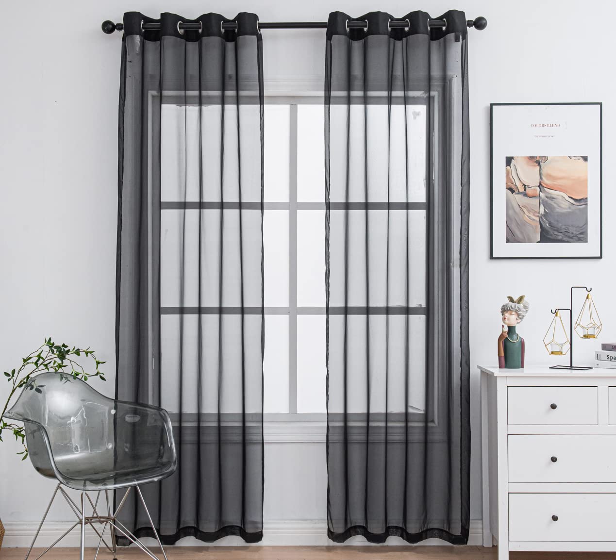 Pi Sheer Curtains With Grommet,Airy Voile Textured,Modern Window Draperies For Living Room/Bedroom 2 Panels (W52 X L90, Black)