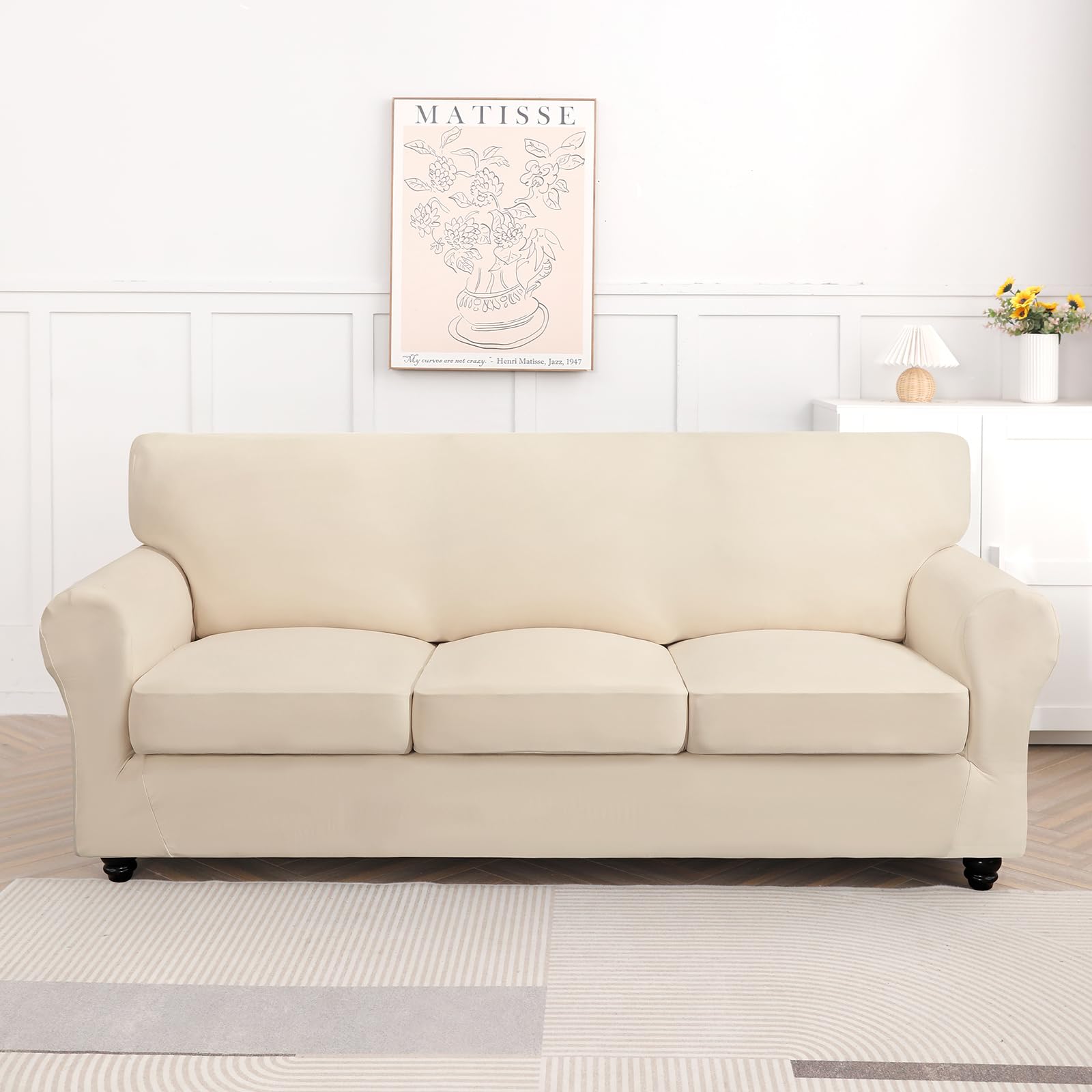 Searchi Stretch Sofa Cover Couch Cover, 4 Pieces Sofa Slipcover With 3 Separate Cushion Cover, Washable Furniture Protector For Living Room(Sofa, Beige)