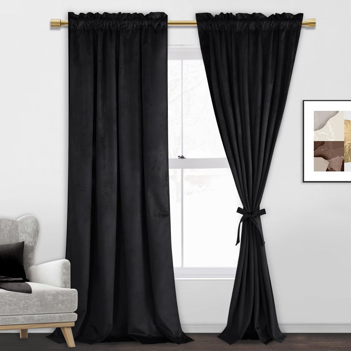 Jiuzhen Black Velvet Curtains - Thermal Insulated Window Curtains For Bedroom Backdrop, Energy Efficient Panels Drapes For Livin