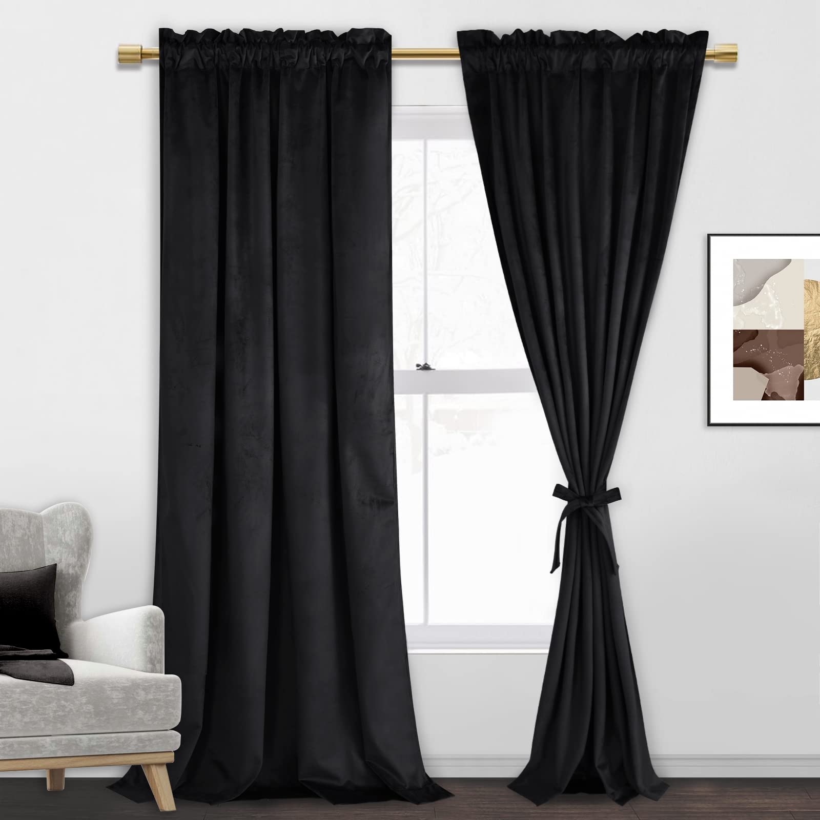 Jiuzhen Black Velvet Curtains Blackout Long Curtain Shades Thermal Insulated Room Deco Blackout Draperies/Drapes For Kitchen/Liv