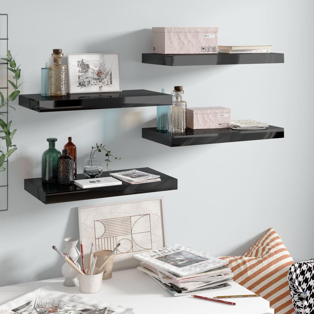 vidaXL 4-Piece Floating Wall Shelves, High Gloss Black Honeycomb MDF and Metal Frame, Invisible Mounting System, 19.7&quot;x9.1&quot;x1.5&quot;