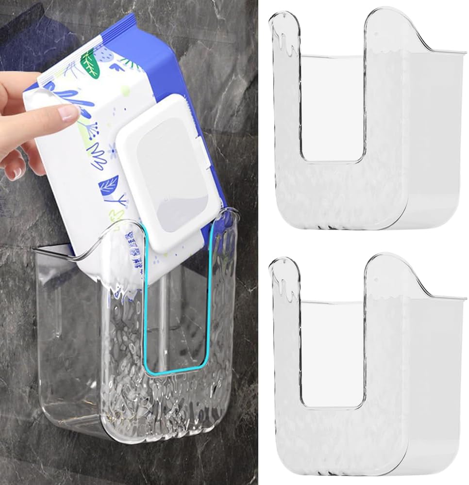 2pcs Kitchen Wipes Storage Box Dispenser,Acrylic Wall-Mounted Tissue Box Holder, Self-Adhesive Wipes Container,Flushable Wipe Co