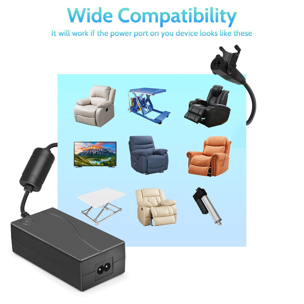 Power Recliner Power Supply, Sopito Universal Ac/Dc Adapter Kit 100-240V -With Extension Cord, 29V 2A Transformer 2-Pin Connector, Replacement Part For Lazy Boy, Limoss, Okin