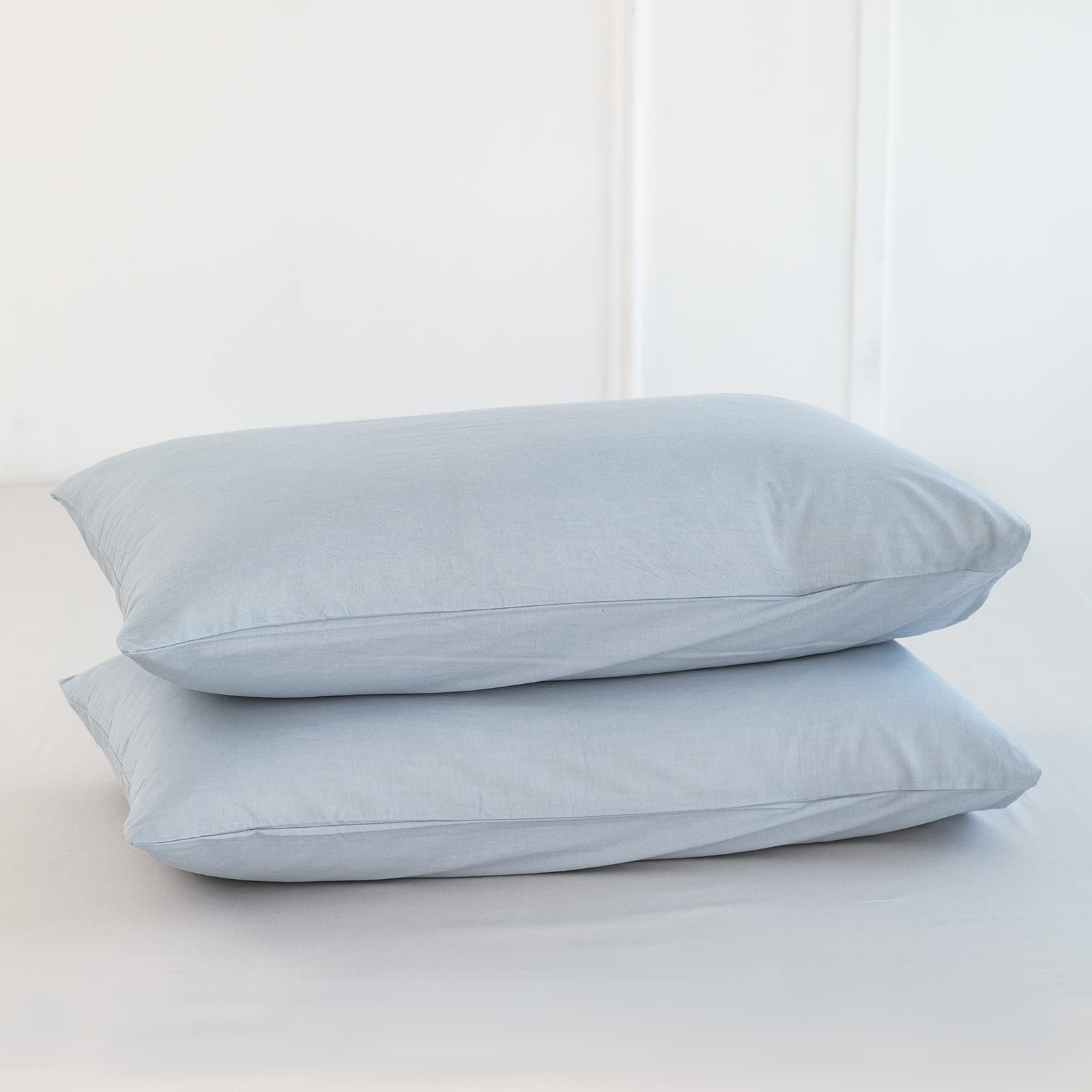 Moomee Bedding Pillowcases Pack Of 2 100% Washed Cotton Linen Like Textured Breathable Durable Soft Comfy (Cornflower Blue, Quee