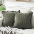 Fancy Homi Pack Of 2 Olive Green Decorative Throw Pillow Covers 24X24 Inch With Pom-Poms For Couch Bed Living Room, Soft Corduro