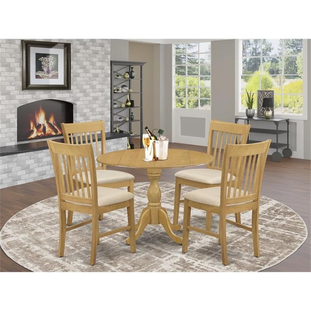 East West Furniture DMNF5-OAK-C 5 Piece Dining Room Furniture Set Includes a Round Dining Table with Dropleaf and 4 Linen Fabric Upholstered Chairs, 42x42 Inch, Oak
