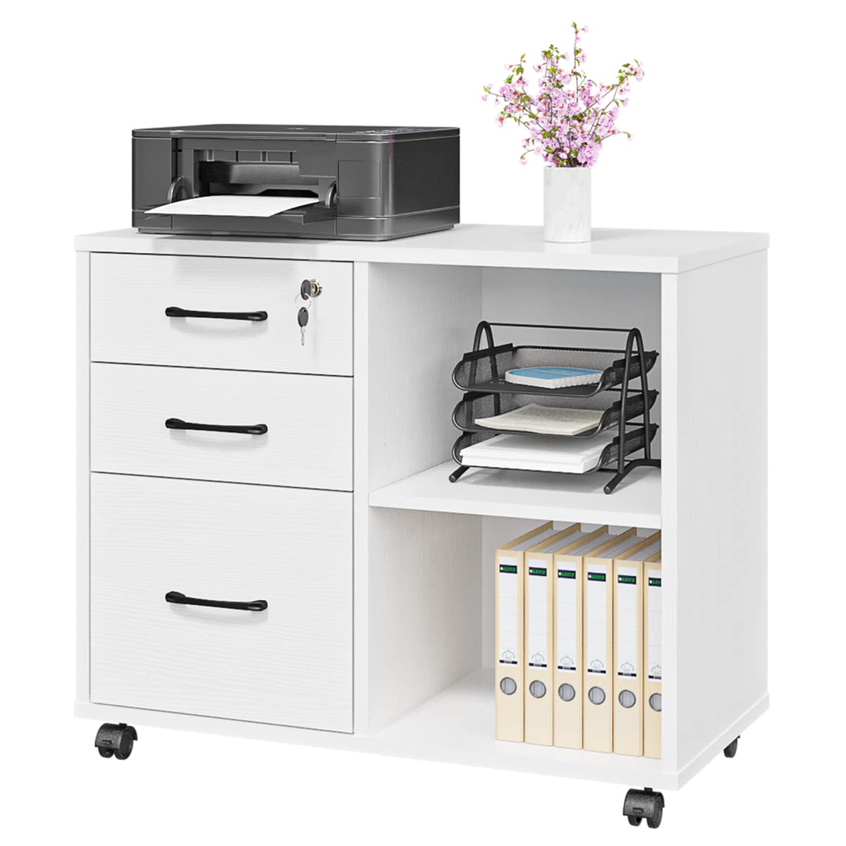 3 Drawer File Cabinets, Mobile Lateral Printer Stand With Open Shelf, Rolling Filing Cabinet With Wheels Home Office Organization And Storage (White)