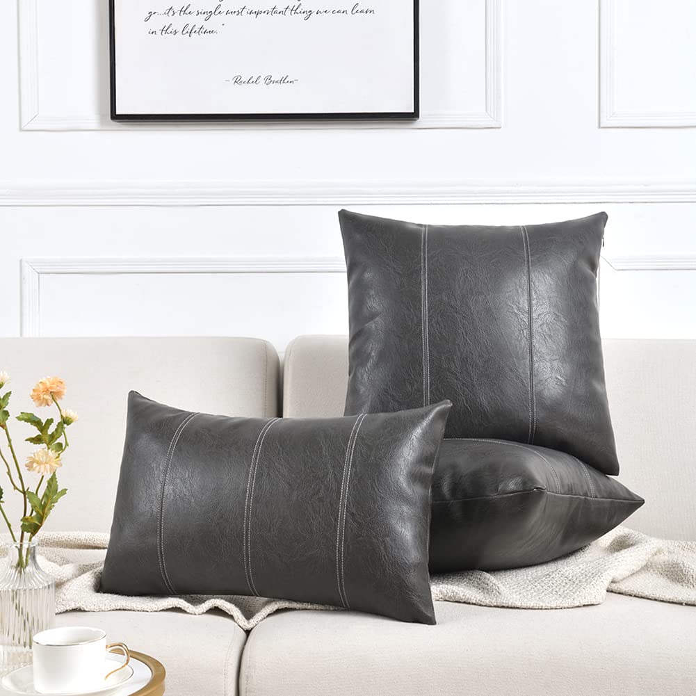 Fancy Homi 2 Packs Dark Gray Lumbar Faux Leather Decorative Throw Pillow Covers 12X20 Inch For Outdoor Couch Bed, Modern Farmhou