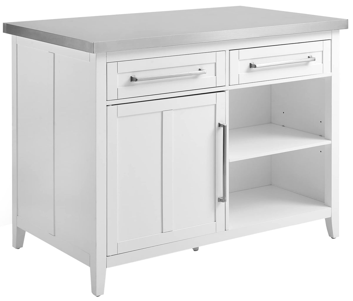 Crosley Furniture Silvia Stainless Steel Top Kitchen Island, Microwave Stand, Coffee Bar, with Shelves, White