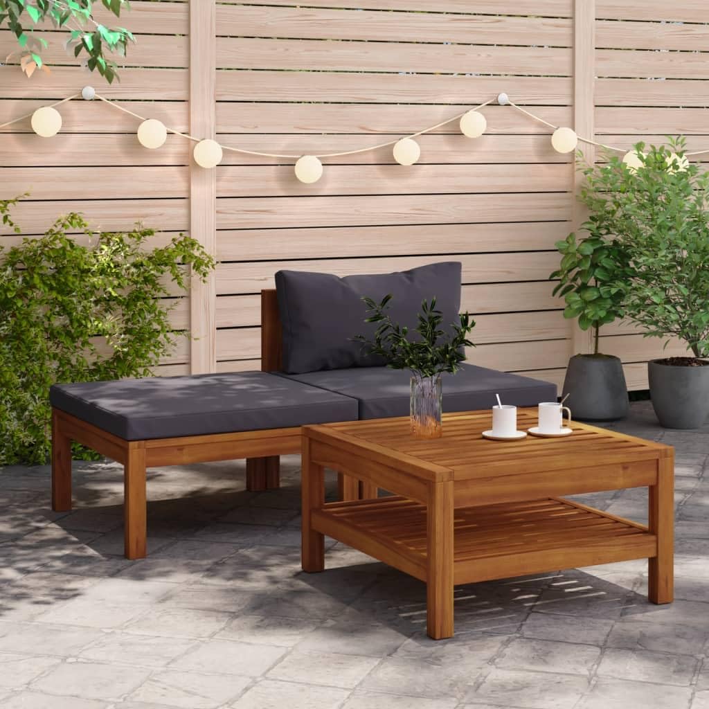 vidaXL 3 Piece Patio Lounge Set with Dark Gray Cushions Acacia Wood