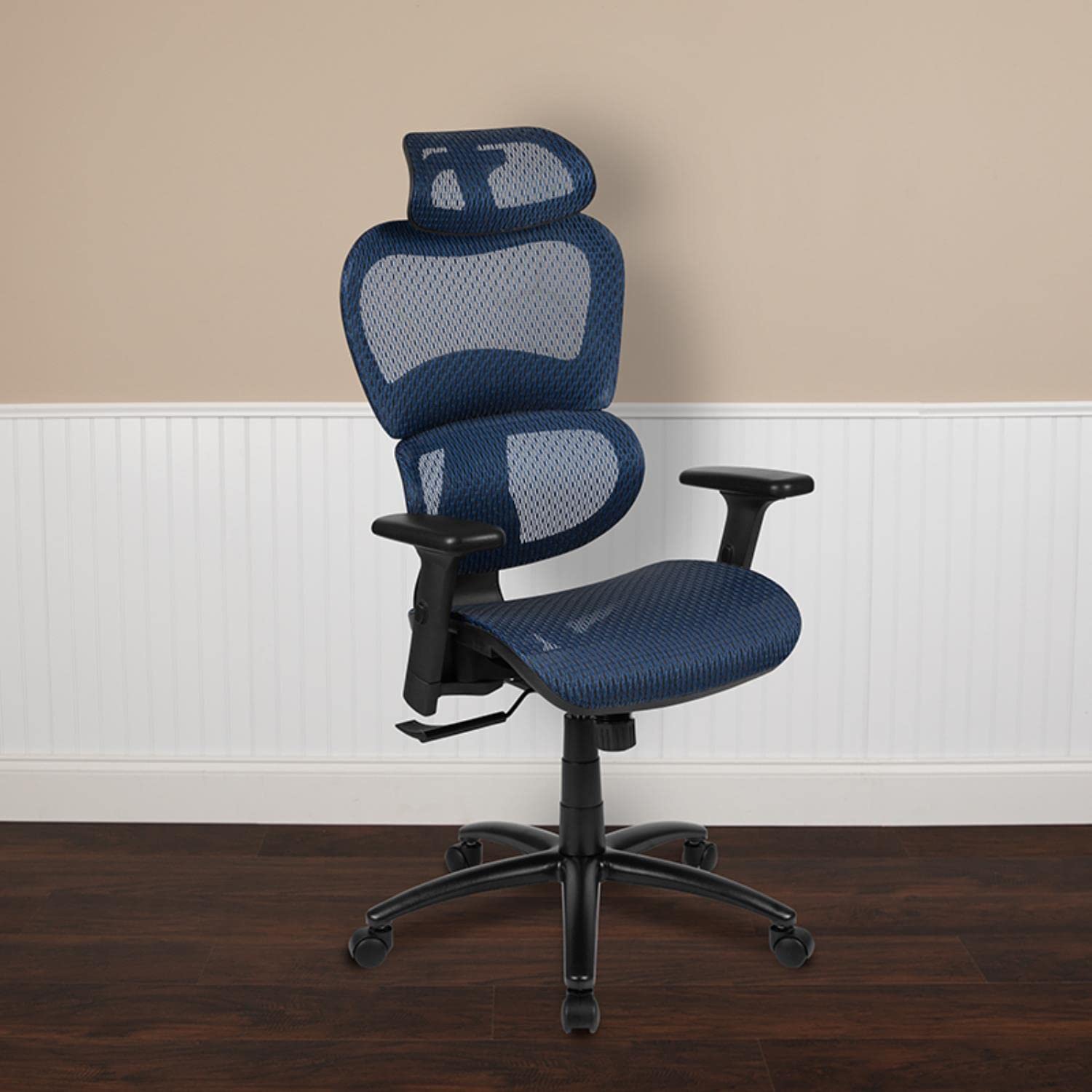 Flash Furniture Lo Ergonomic Mesh Office Chair With 2-To-1 Synchro-Tilt, Adjustable Headrest, Lumbar Support, And Adjustable Pivot Arms In Blue