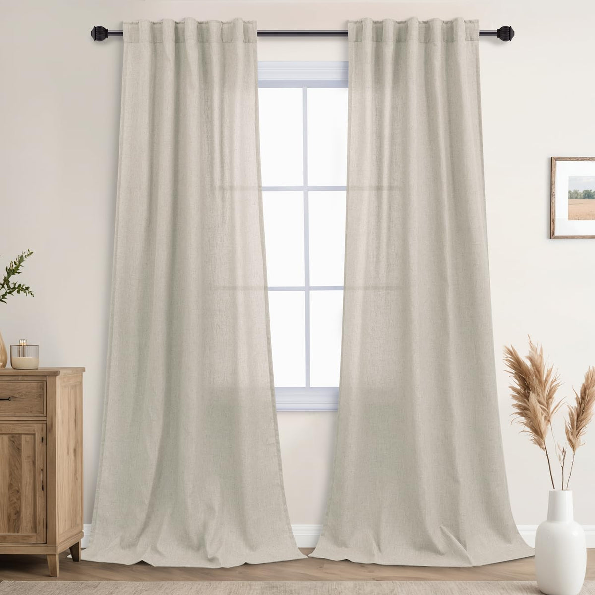 Beige Linen Curtains 42X90 Inch Long 2 Panels Set, Back Tab Burlap Cotton Look Tan Taupe Semi Sheer Window Drapes Privacy Assure