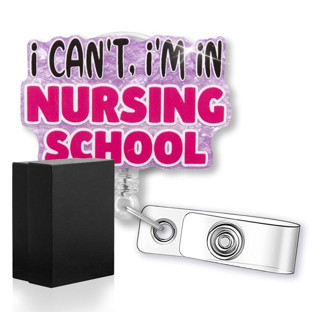 Rofiowa I Can'T, I'M In Nursing School Funny Glitter Badge Reel With Id Clip, Retractable Badge Holder For Rn Cna Lpn Lvn Nurse