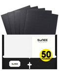 Sunee Folders With Pockets 3 Hole Punched(50 Pack, Black), 2 Pocket Folders Fit Letter Size Paper, Paper File Folder For School