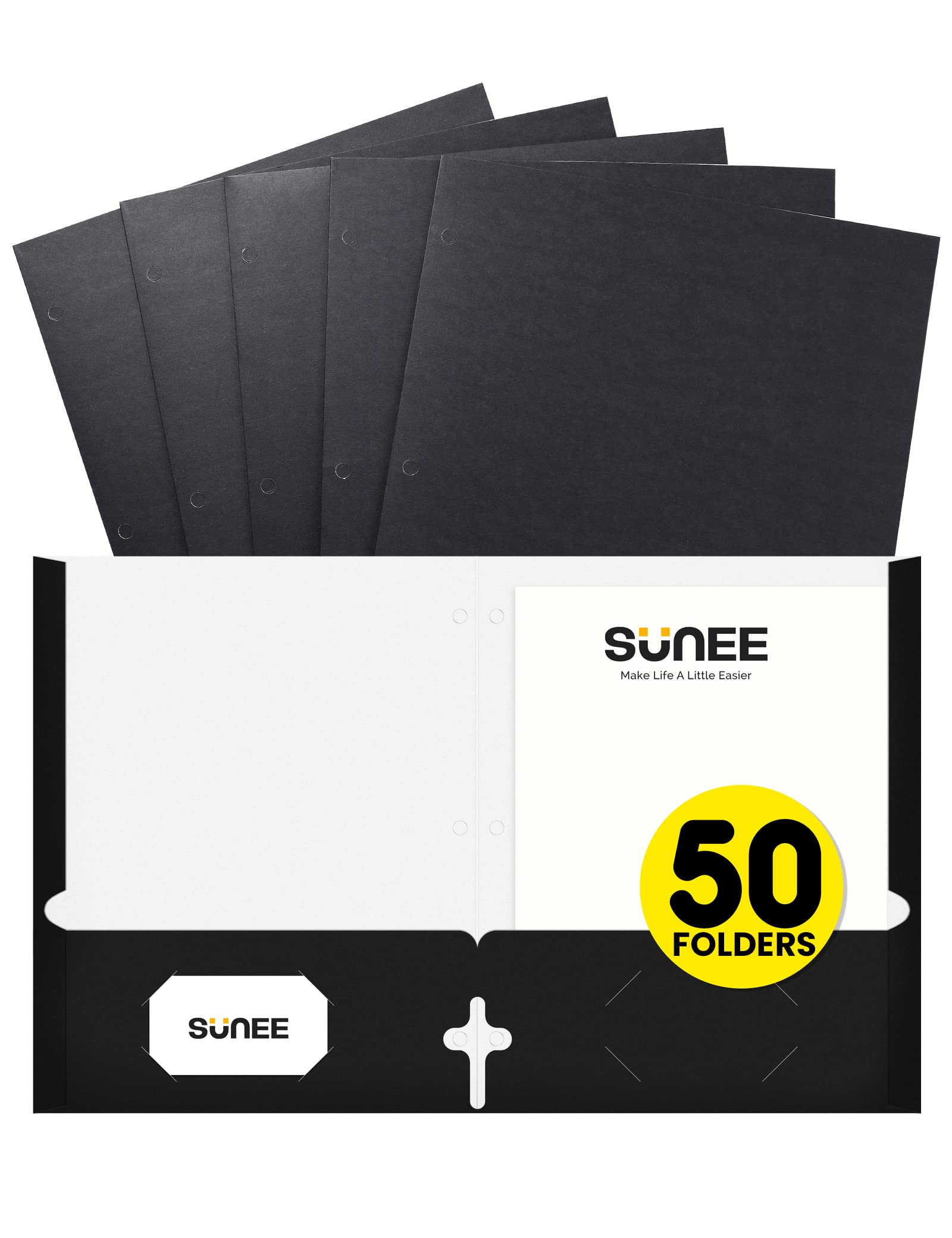 Sunee Folders With Pockets 3 Hole Punched(50 Pack, Black), 2 Pocket Folders Fit Letter Size Paper, Paper File Folder For School