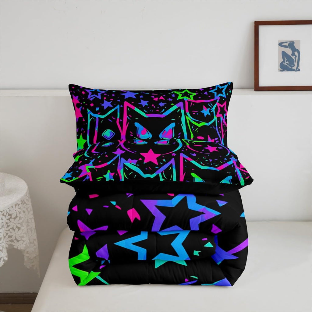 Erosebridal Halloween Cat Bedding, Black Cat Comforter Set For Kids Girls Boys Teens, Ombre Glowing Neon Stars Down Comforter, K