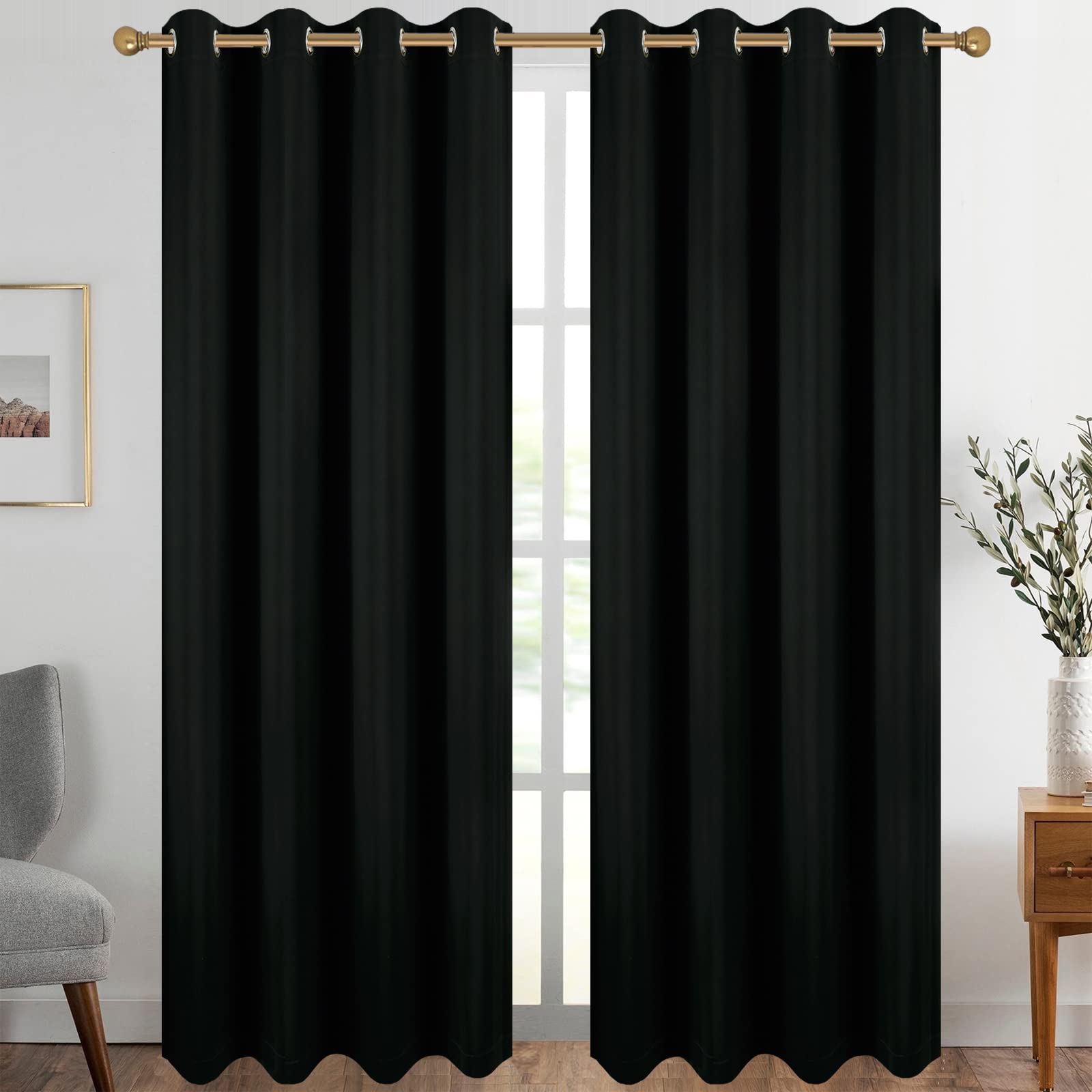 Diraysid Black Grommet Blackout Curtains For Bedroom Thermal Insulated Room Darkening Curtains Drapes, 66 X 84 Inch, 2 Panels