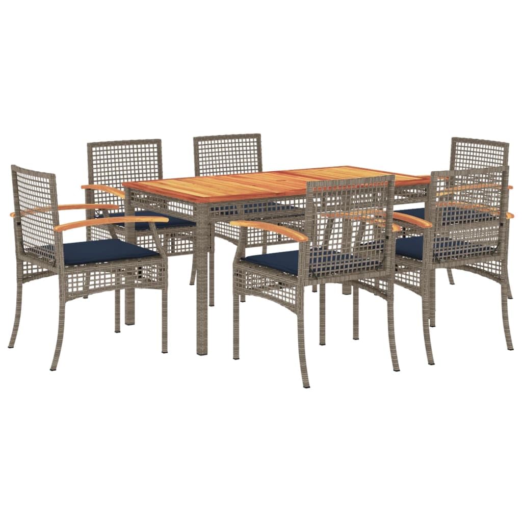 vidaXL Patio Dining Set with Cushions - 7-Piece Gray Poly Rattan, Acacia Wood Table 55.1&quot;x31.5&quot;x29.5&quot;, 6 Chairs with Navy Blue Removable Covers - Garden, Patio, Backyard Outdoor Furniture