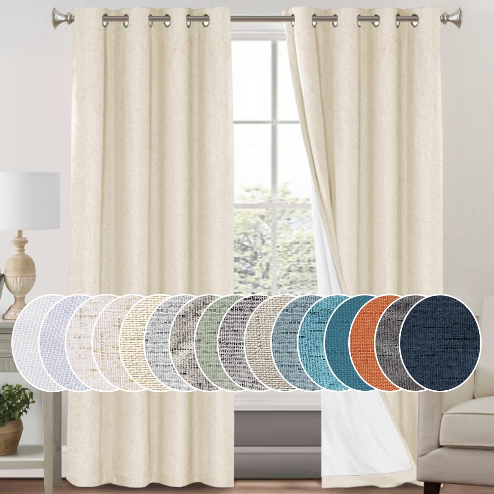 PrinceDeco 100% Blackout Curtains for Bedroom/Living Room Linen Blackout Curtains 96 Inches Long Energy Saving Window Treatment 