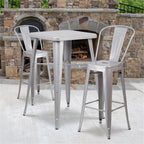 Flash Furniture Commercial Grade 23.75" Square Silver Metal Indoor-Outdoor Bar Table Set with 2 Stools with Backs