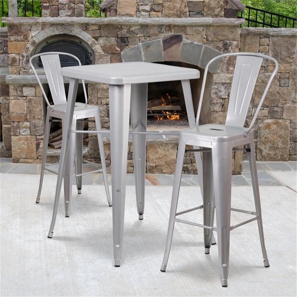 Flash Furniture Commercial Grade 23.75" Square Silver Metal Indoor-Outdoor Bar Table Set with 2 Stools with Backs